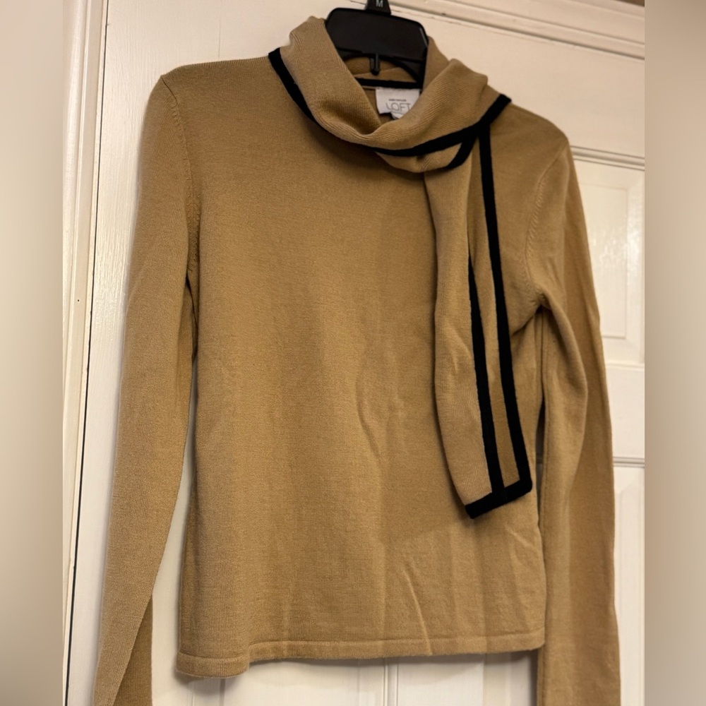 LOFT Camel Scarf Neck Sweater with Black‎ Trim